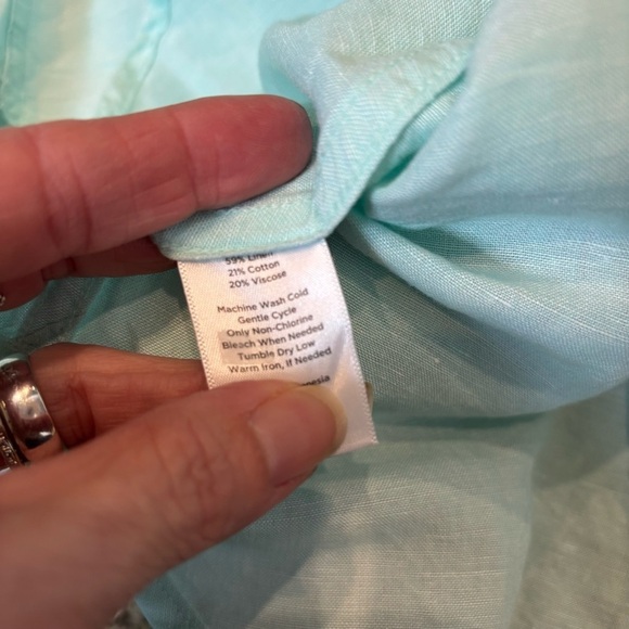 Talbots Woman 2X Linen Blend Popover top Henley Long Roll Tab Sleeves Teal Green - Picture 12 of 12